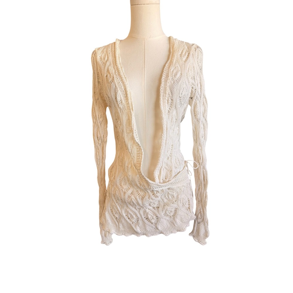 Heather B Cream 100% Cotton Pointelle Knit Draped Open Front Tie Cardigan M